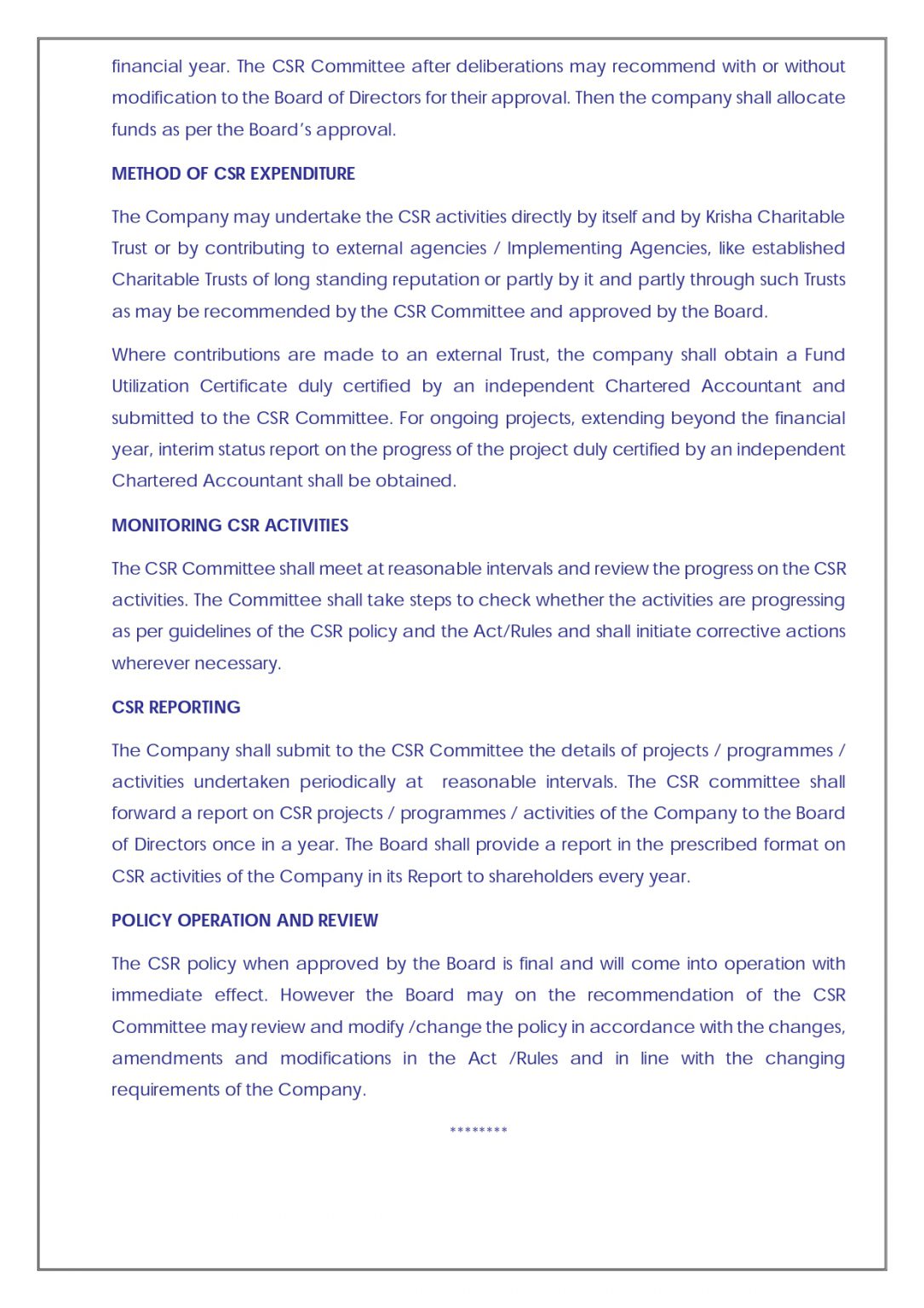 Corporate Social Responsibility Policy
