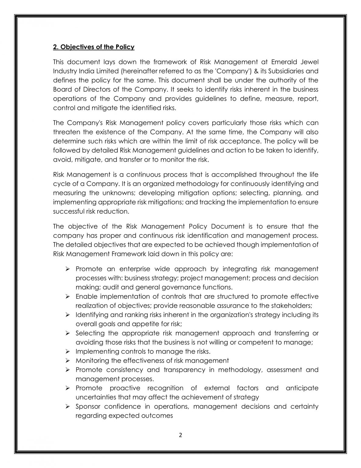 BUSINESS RISK MANAGEMENT POLICY