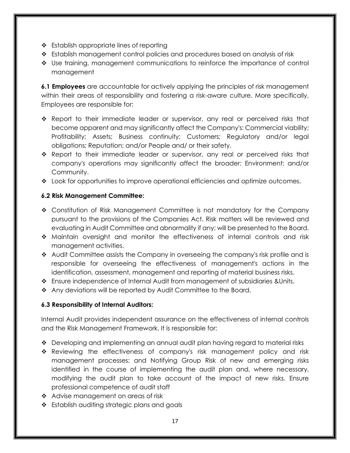 BUSINESS RISK MANAGEMENT POLICY
